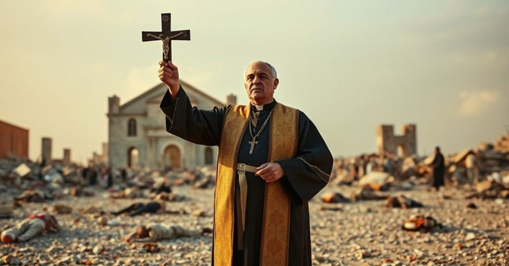 Katatolicki ksiądz w tradycyjnych szatach modli się w zrujnowanym krajobrazie konfliktu na granicy afgańsko-pakistańskiej