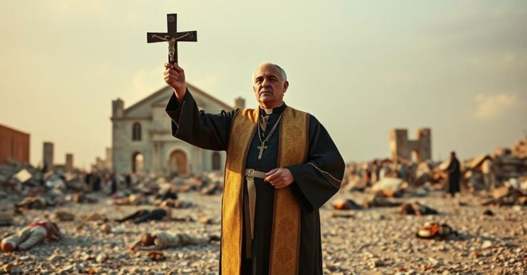 Katatolicki ksiądz w tradycyjnych szatach modli się w zrujnowanym krajobrazie konfliktu na granicy afgańsko-pakistańskiej