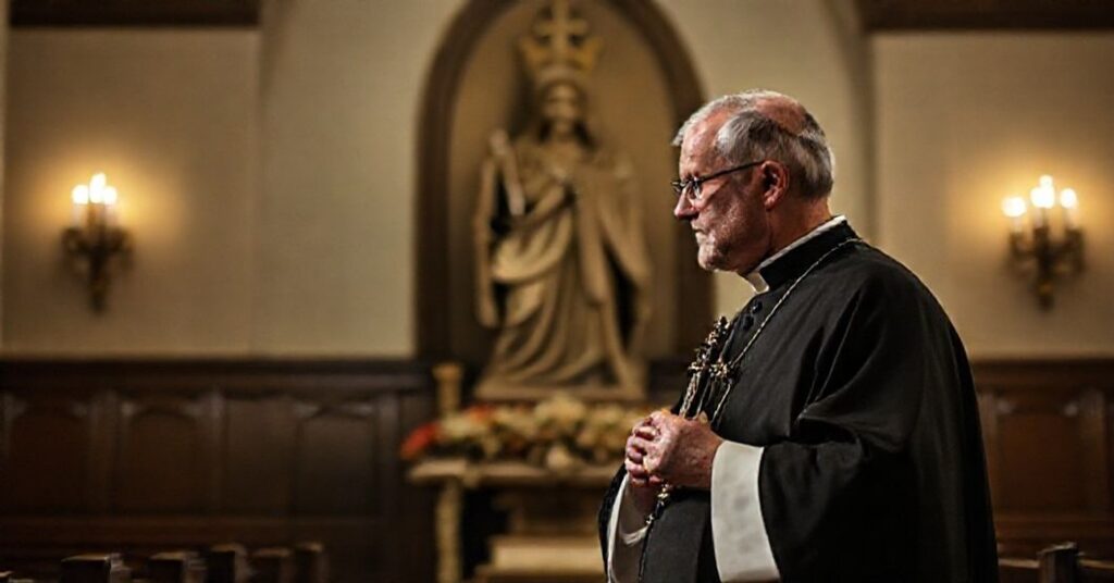 Ksiądz w tradycyjnych ornatach modli się w ciemnym kościele przed wizerunkiem Chrystusa Kraka, z obawą patrząc na informację o „planie pokojowym” między Izraelem a Hamasem.