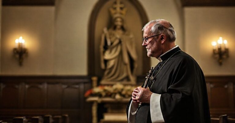 Ksiądz w tradycyjnych ornatach modli się w ciemnym kościele przed wizerunkiem Chrystusa Kraka, z obawą patrząc na informację o „planie pokojowym” między Izraelem a Hamasem.