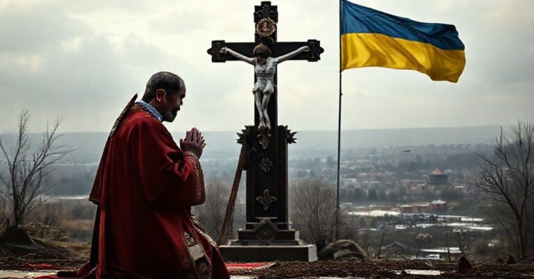 Ksiądz w tradycyjnym stroju liturgicznym modli się przed obrazem Chrystusa Króla na tle wojny w Ukrainie, symbolizując duchową walkę o pokój zgodny z nauką katolicką.