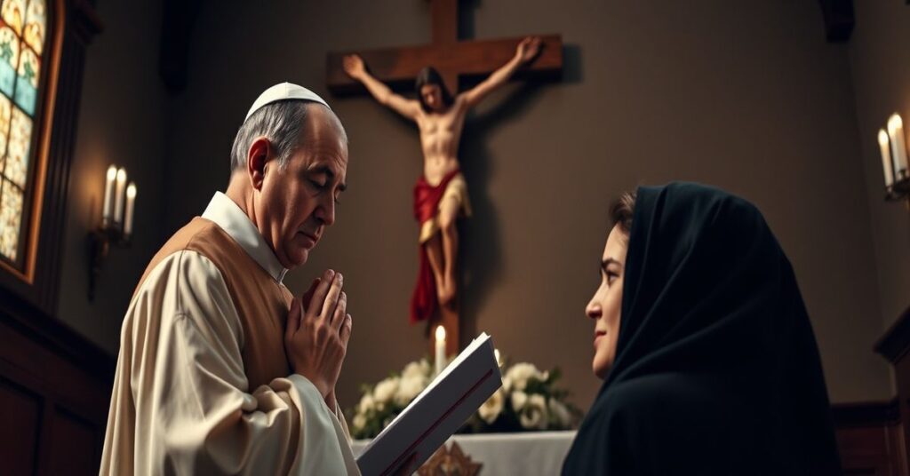 Tradycyjny katolicki ksiądz modli się przed krucyfiksem z młodą kobietą w potrzebie symbolizującą ofiary handlu ludźmi.