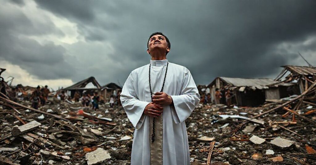 Ksiądz w białej sutannie stoi w ruinach zniszczonej wioski na Filipinach po tajfunie. Trzyma różaniec i patrzy do nieba z poważnym wyrażeniem twarzy.