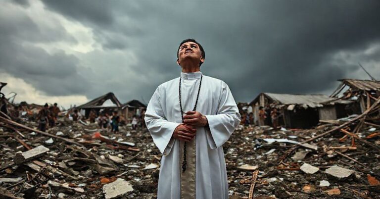 Ksiądz w białej sutannie stoi w ruinach zniszczonej wioski na Filipinach po tajfunie. Trzyma różaniec i patrzy do nieba z poważnym wyrażeniem twarzy.