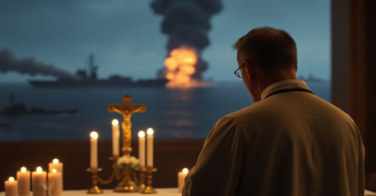 Tradycyjny katolicki ksiądz modli się przed ołtarzem w obliczu wojennego konfliktu w Cieśninie Ormuz.