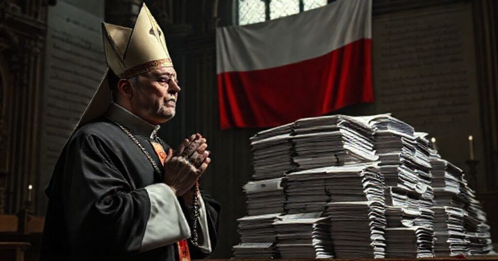 Tradycyjny ksiądz modli się przed stertą dokumentów dotyczących długu publicznego w kościele.