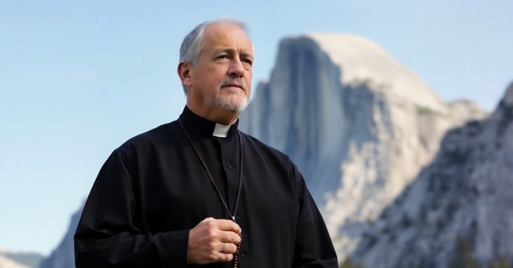 Solemny ksiądz katolicki się modli przed formacją skalną El Capitan w Parku Narodowym Yosemite
