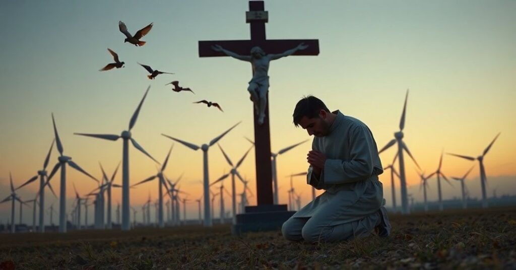 Młody ksiądz modli się przed krzyżem w pobliżu farmy wiatrowych podczas zmierzchu. Nietoperze krążą wokół turbin wiatrowych.