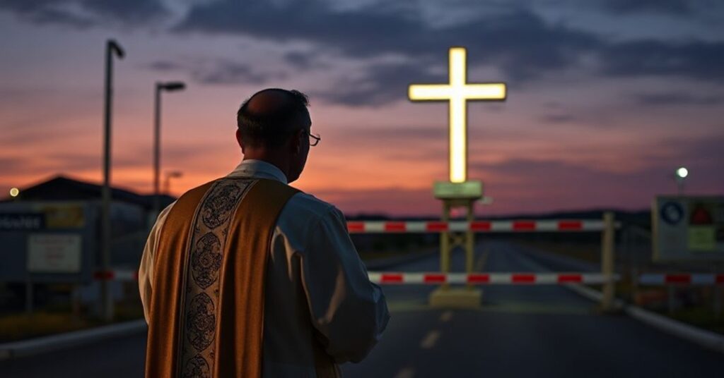 Ksiądz katolicki w tradycyjnych szatach modli się przed zamkniętą granicą, symbolizując kryzys duchowy wspólczesnych państw ignorujących prawo Boże.