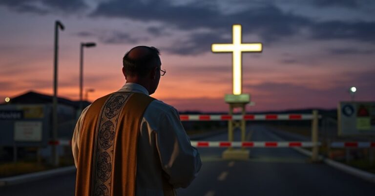 Ksiądz katolicki w tradycyjnych szatach modli się przed zamkniętą granicą, symbolizując kryzys duchowy wspólczesnych państw ignorujących prawo Boże.
