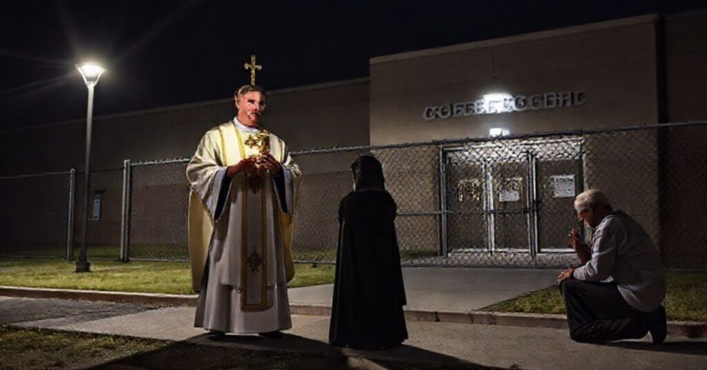 Tradycyjny katolicki ksiądz w pełnym stroju liturgicznym trzyma monstrans z Najświętszym Sakramentem przed ośrodkiem przymusowego przetrzymywania ICE.