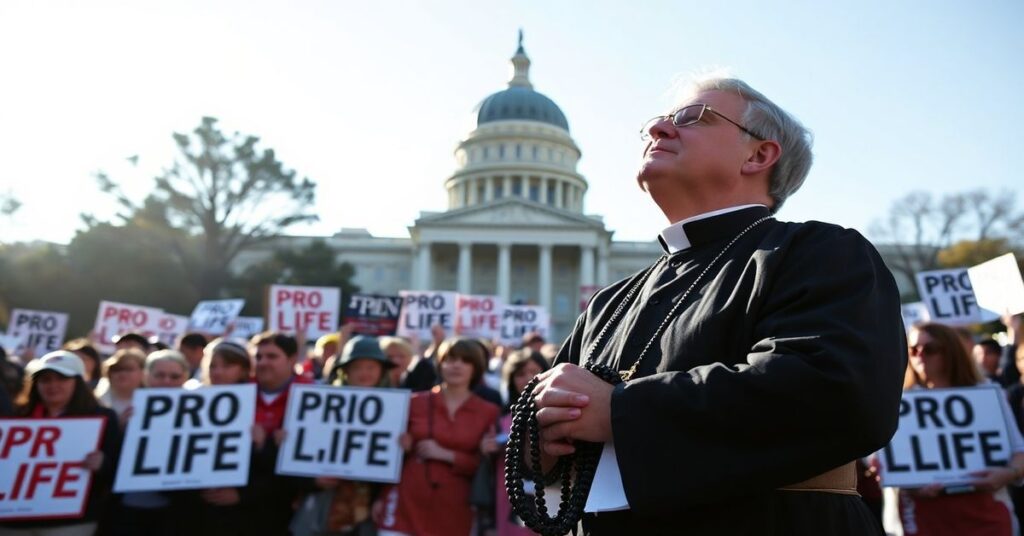 Ksiądz w tradycyjnym habicie modli się przed Kapitolem Stanu Wirginia podczas manifestacji pro-life przeciwko ustawie antykoncepcyjnej.