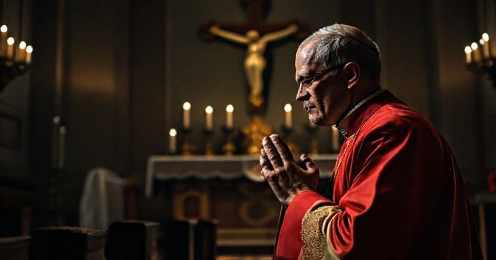 Katolicki książ w tradycyjnych ornatach modli się przed krzyżem w ciemnym kościele, symbolizując męczeństwo i wiarę w czasie prześladowań.