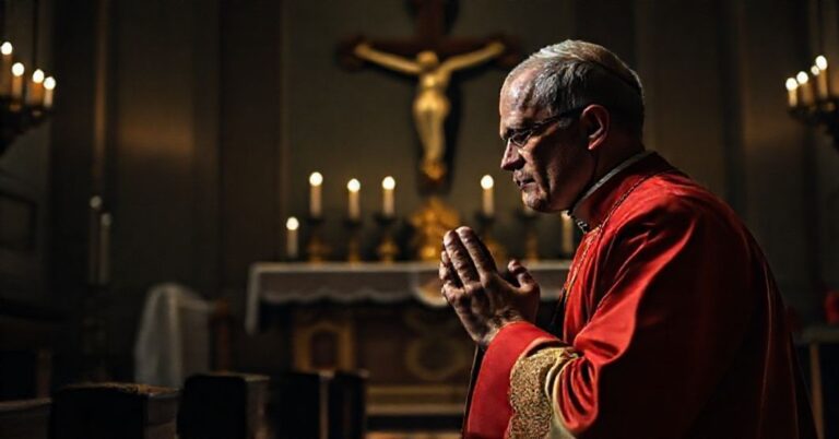 Katolicki książ w tradycyjnych ornatach modli się przed krzyżem w ciemnym kościele, symbolizując męczeństwo i wiarę w czasie prześladowań.