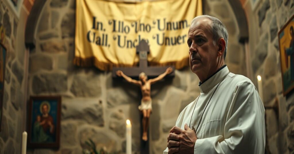 Ksiądz w tradycyjnym stroju kapłańskim modli się przed krzyżem w starannie urządzonym kościele