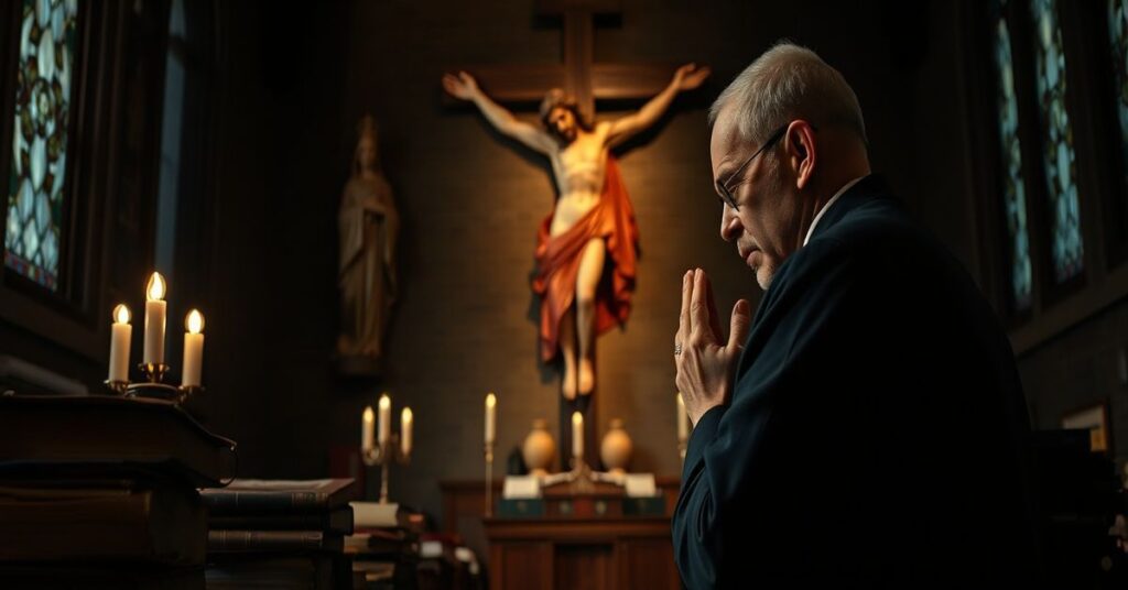 Tradycyjny ksiądz w kościele modli się przed krzyżem z obrazem Chrystusa Pana
