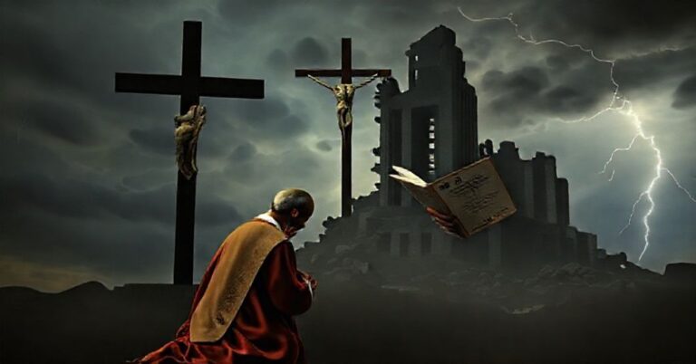 Tradycyjny katolicki ksiądz modli się przed krzyżem, symbolizując opozycję wobec nowoczesnych herezji w neo kościele