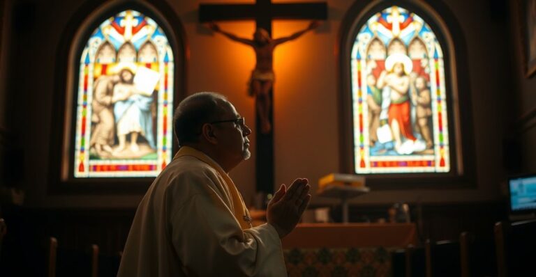 Kneeling priest before a crucifix in a traditional church, symbolizing the spiritual strength and sacrifice in the face of worldly exhaustion.