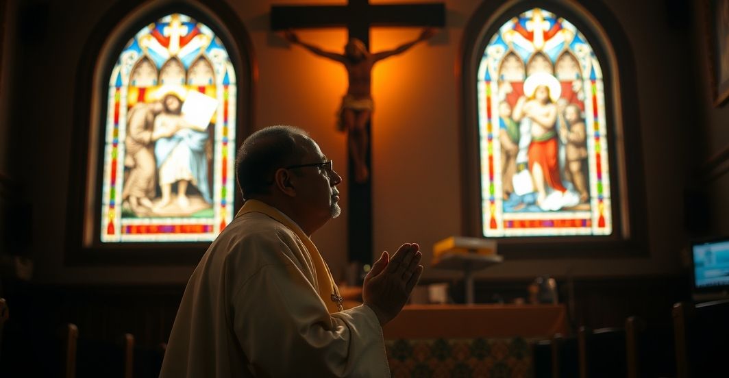 Kneeling priest before a crucifix in a traditional church, symbolizing the spiritual strength and sacrifice in the face of worldly exhaustion.