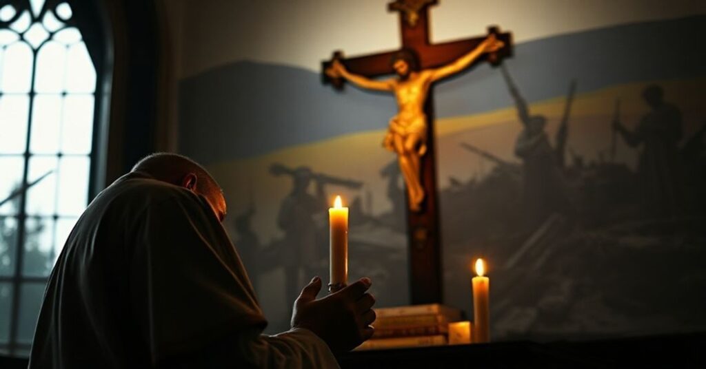 Tradycyjny katolicki ksiądz modli się przed krzyżem z wizerunkiem zniszczonej Ukrainy w tle