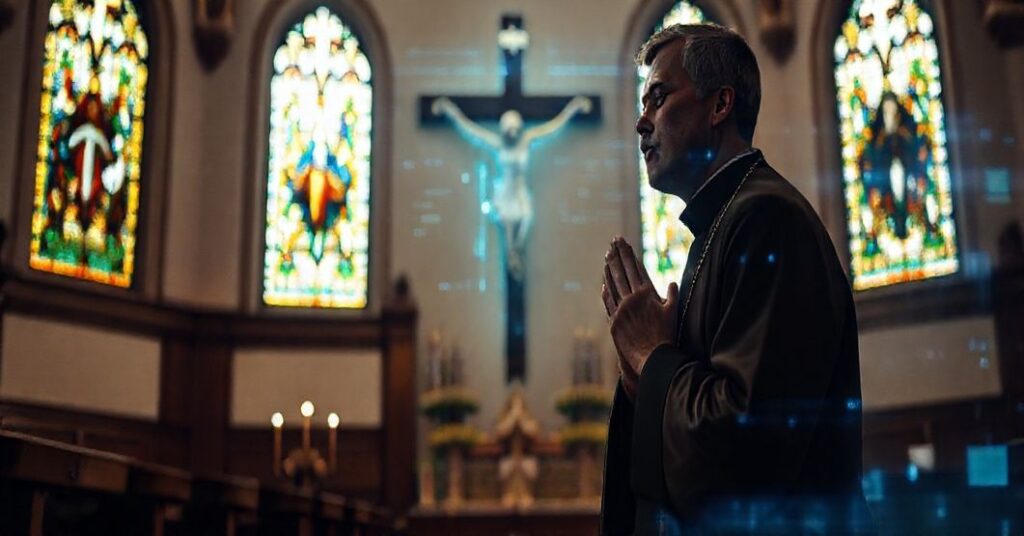 Ksiądz w tradycyjnych szatach modlący się przed krzyżem z widmem chatbota w tle, symbolizujące duchową pustkę technologicznych substytutów relacji międzyludzkich