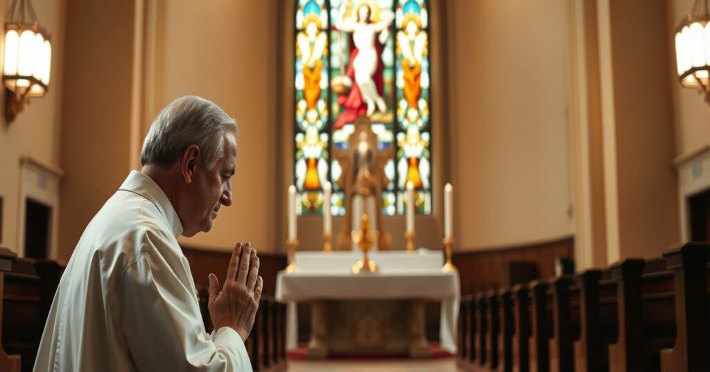 Tradycyjny katolicki ksiądz modlący się przed Najświętszym Sakramentem w kościele