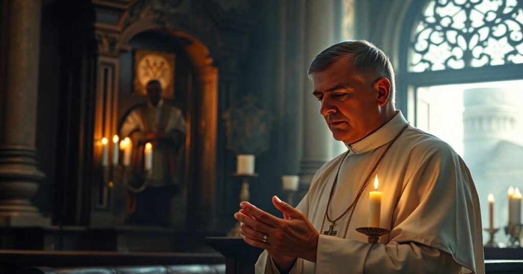 Tradycyjny ksiądz modli się przed ołtarzem kościoła w walce z masonerią