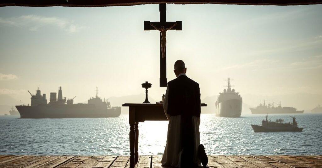 Katelicki ksiądz w tradycyjnych szatach modli się przed ołtarzem podczas napięć geopolitycznych w Cieśninie Ormuzu