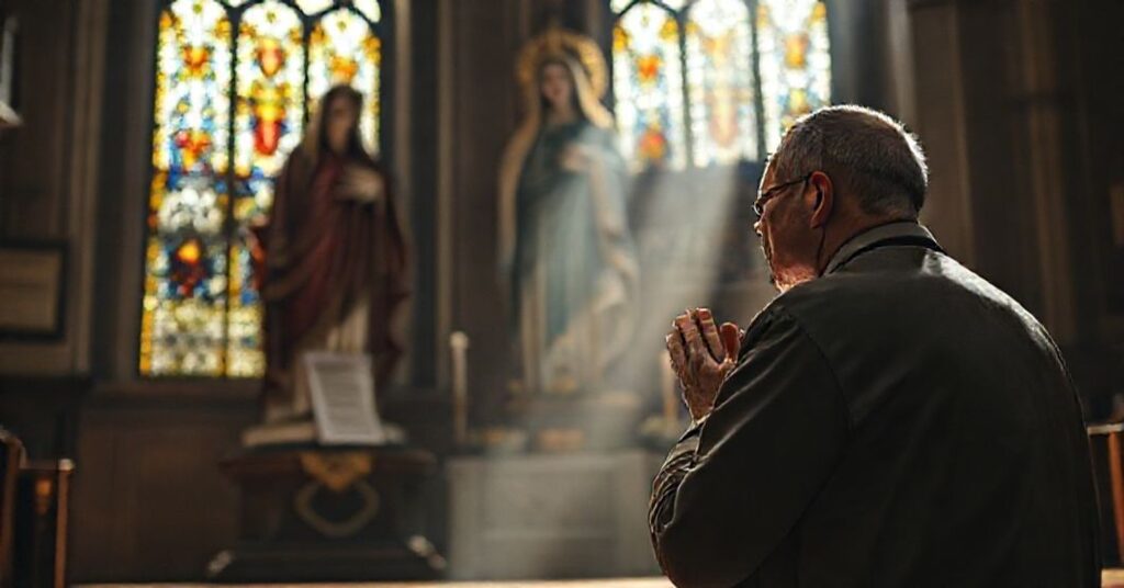Tradycyjny ksiądz modli się przed rzeźbą Matki Bożej Bolesnej z tradycyjnymi tytułami "Współodkupicielka" i "Pośredniczka" — symbolizującym konflikt wokół rewizji nauki mariologicznej.