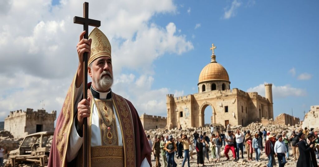 Ksiądz w tradycyjnym stroju kapłańskim trzyma krzyż przed zniszczonym krajobrazem wojny w Strefie Gazy, podkreślając potrzebę nawrócenia i panowania Chrystusa Króla