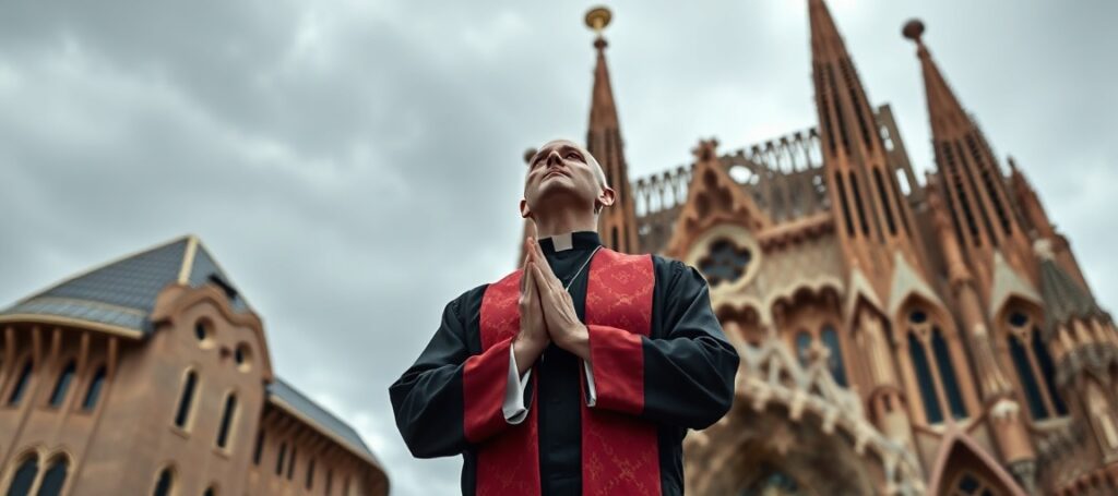 Katolicki ksiądz w tradycyjnym ornaty modli się przed nieukończoną fasadą Sagrada Famii