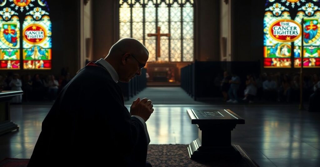 Ksiądz w tradycyjnym stroju modli się w ciemnym kościele podczas sekularyzowanego zgromadzenia charytatywnego na tle witraży