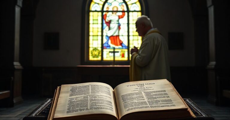 Staruszek ksiądz w ornatach stoi przed prostym ołtarzem w tradycyjnym kościele katolickim, módląc się z połączonymi rękami. W tle witraż przedstawiający Chrystusa Króla rzuca światło na jego twarz.