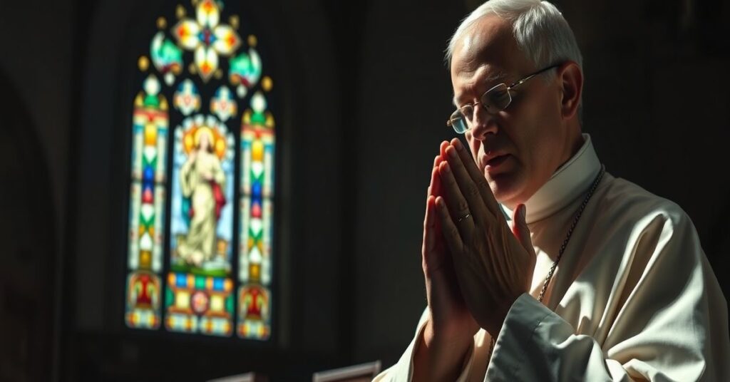 Ksiądz w tradycyjnych szatach modli się w ciemnym kościele ze wzorcami witraży przedstawiającymi Chrystusa Króla. Scena symbolizuje brak duchowego wymiaru w negocjacjach Iranu i USA.