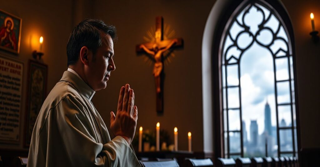 Kanoniczny ksiądz w tradycyjnym ornacie modli się w ciemnej kaplicy przed krzyżem podczas prześladowania chrześcijan w Chinach