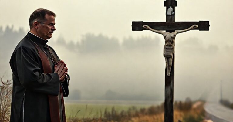 Prawdopodobnie tradycyjny ksiądz w szatach liturgicznych modli się przy drogowym krzyżu w poświstym krajobrazie polskiej wsi