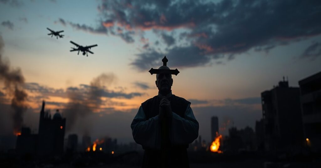 Uroczyście ubrany ksiądz trzyma krzyż w ruinach miasta na Bliskim Wschodzie