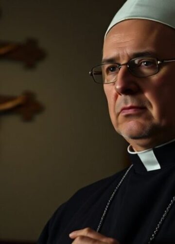 Modlitwa w czasie apostazji: obraz katolickiej tradycji Sobór katolicki w tradycyjnym stroju modli się w cieniu apostazji