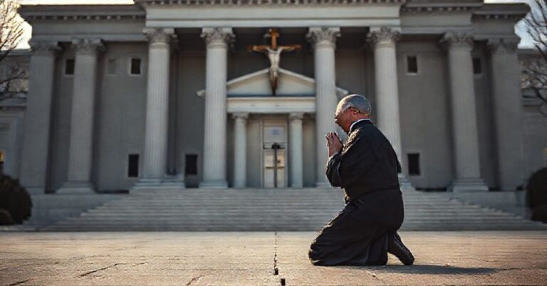 Ksiądz katolicki modlący się przed zamkniętym budynkiem rządowym w USA podczas shutdownu budżetowego