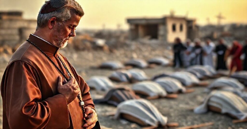 Katolicki ksiądz w tradycyjnych szatach modli się przed zniszczonym krajobrazem w Strefie Gazy, trzymając różaniec. W tle grupa żałobników opłakuje zmarłych przy improwizowanym cmentarzu. Scena jest oświetlona delikatnym, poważnym światłem podkreślającym świętość życia i potrzebę duchowej interwencji w obliczu cierpienia ludzkiego.