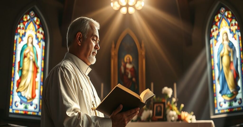 Tradycyjny katolicki ksiądz modli się w kaplicy sakramentalnej przed tabernakulum udekorowanym kwiatami, symbolizując prawdziwe rozwiązania społeczeństwa przez łaskę i pokutę.