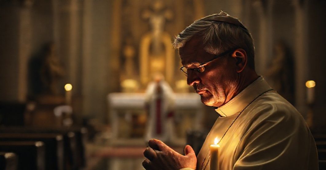 Tradycyjny ksiądz modli się w ciemnej kościele z wyraźnym zmartwieniem na twarzy