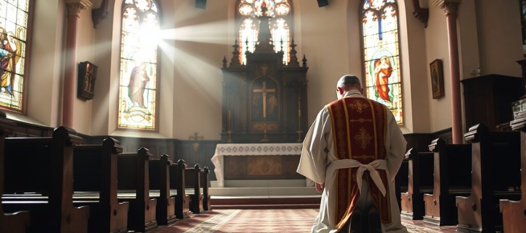Ksiądz w tradycyjnych szatach liturgicznych modli się przed tabernakulum w historycznej kościelnej parafialnej w Lublinie
