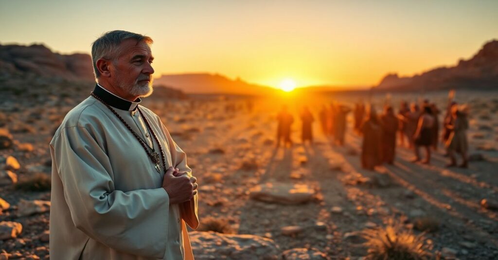 Ksiądz w tradycyjnym ornaty modli się przed pogańskim kultem w Oak Flat w Arizonie