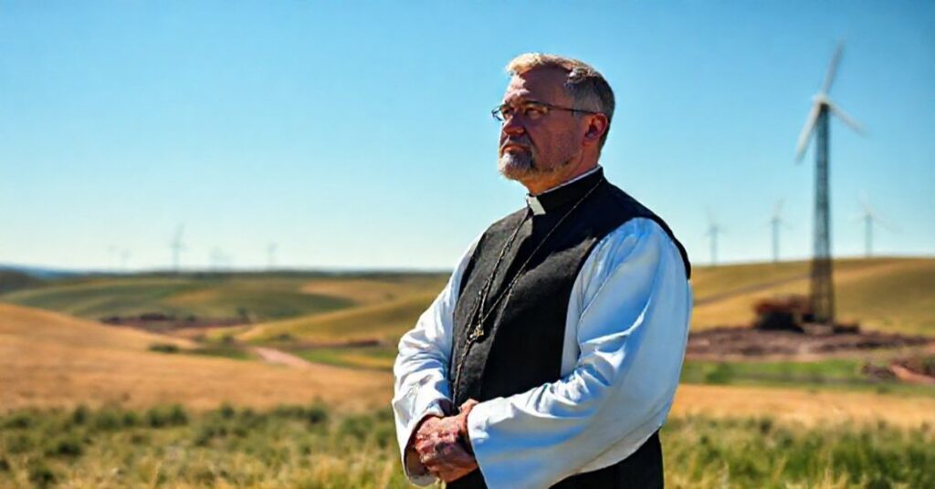 Ksiądz w tradycyjnych szatach stoi w spokojnym polu obok budowy ropociągu i wiatraków na tle pięknego krajobrazu
