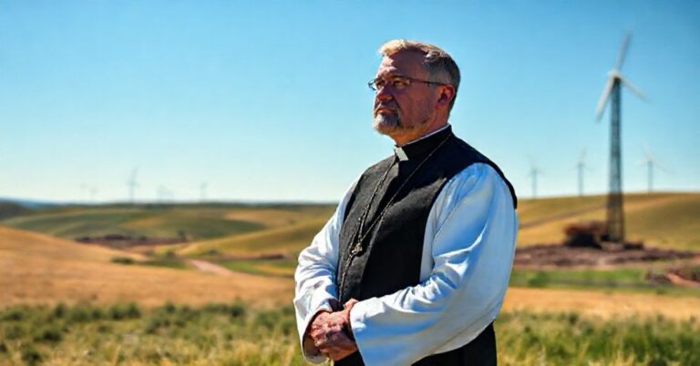 Ksiądz w tradycyjnych szatach stoi w spokojnym polu obok budowy ropociągu i wiatraków na tle pięknego krajobrazu