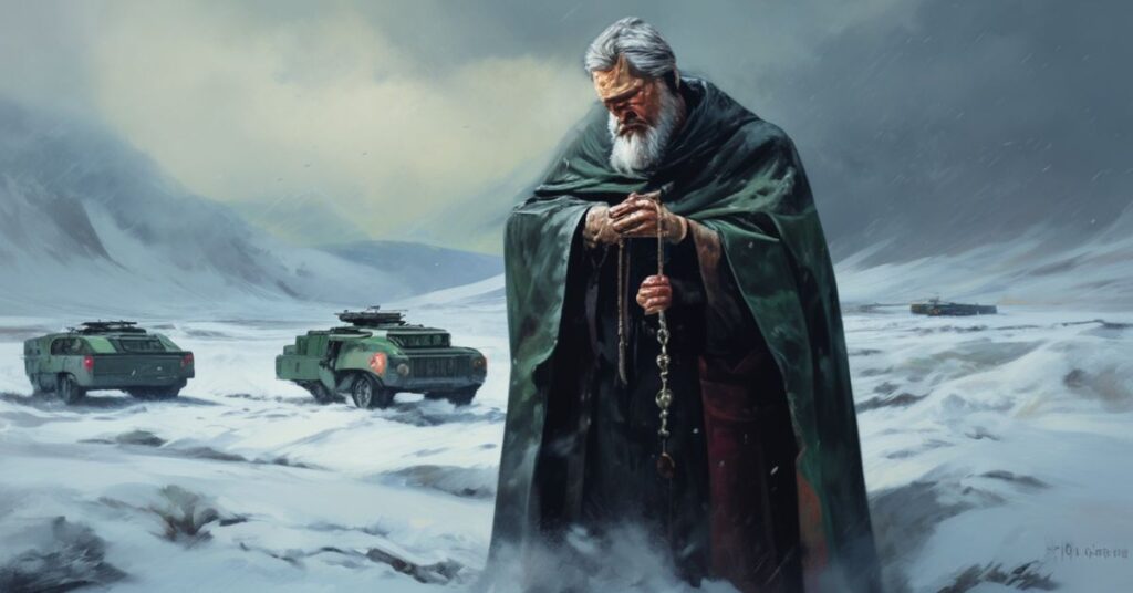 Tradycyjny katolicki ksiądz modli się w snowym krajobrazie Grenlandii przy widoku wojsk NATO.