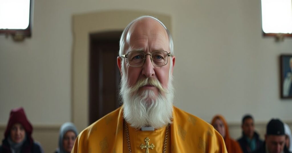 Tradycyjny ksiądz modli się przed ołtarzem w opuszczonej kaplicy z widokiem na biedne osiedle przez okno. Scena symbolizuje brak duchowego kierunku w współczesnej charytatywnej pracy.