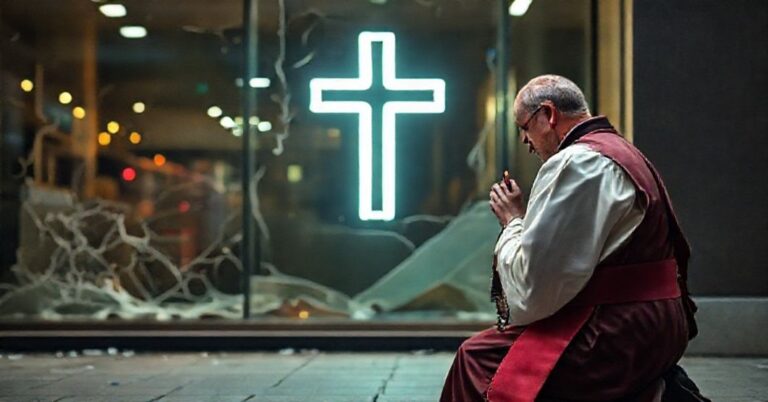 Ksiądz w tradycyjnych szatach modląc się przed uszkodzonym sklepem w Oslo po strzelaninie