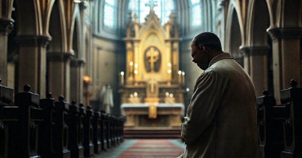Uroczysty ksiądz w sutannie modli się przed tabernakulum w ciemnej, pustej kościele o bogatej architekturze